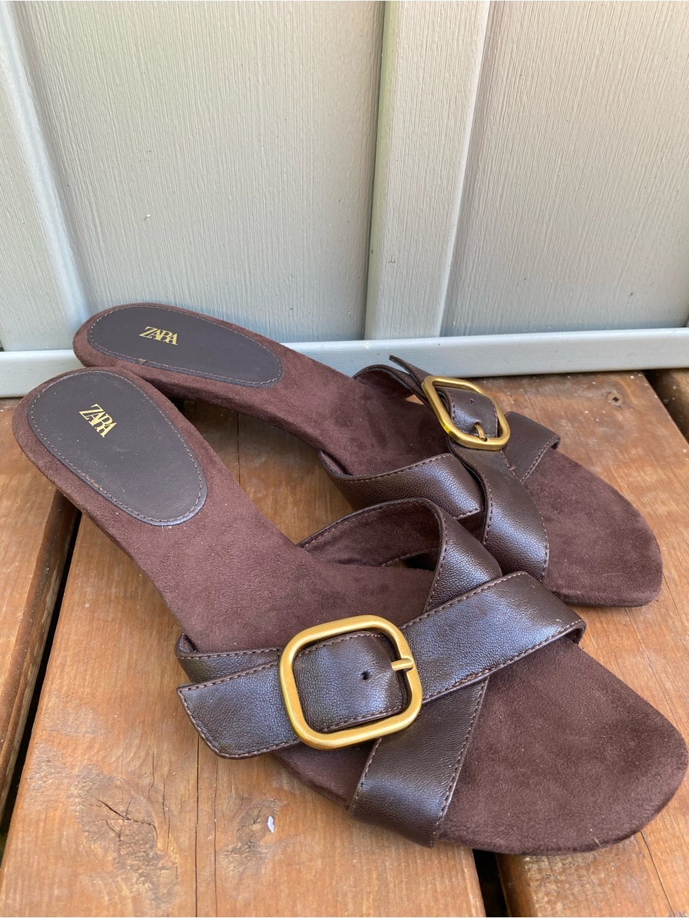 ZARA buckled leather sandal kitten heels size 40 brown